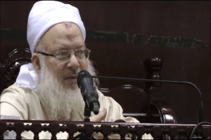 Asaduddin Owaisi, ein Mann mit einem weißen Bart und Turban, spricht in ein Mikrofon und trägt ein cremefarbenes Gewand und eine Brille, vor einem hölzernen Geländer gegen einen dunklen Hintergrund.