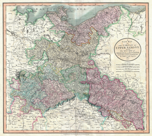 Ein altes Kartenbild des Ober-Sachsen-Gebiets in Deutschland, detailliert mit Provinzen, Städten und geografischen Merkmalen, farbig in Blau-, Grün-, Gelb-, Rot- und Orangetönen, mit klassischer Schriftart und einem schmalen schwarzen Rand.