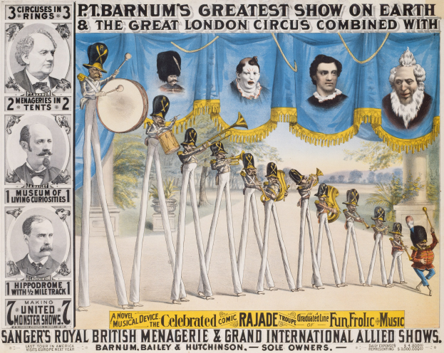 Plakat für den Großen Londoner Zirkus mit Bildern von Menschen, die Musikinstrumente spielen und vor einem Baum- und Himmel-Hintergrund stehen, einschließlich Text.