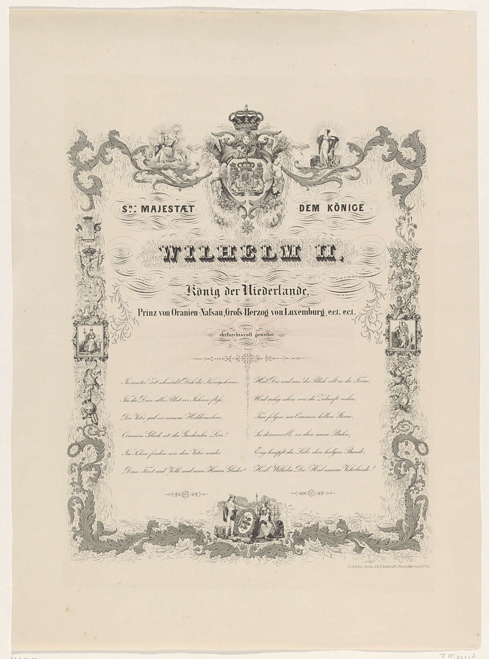 Urkunde aus dem 19. Jahrhundert, die ein Wappen, dekorativen Text und ein Logo zeigt und wahrscheinlich mit der Heirat von Wilhelm II. von Sachsen zusammenhängt.