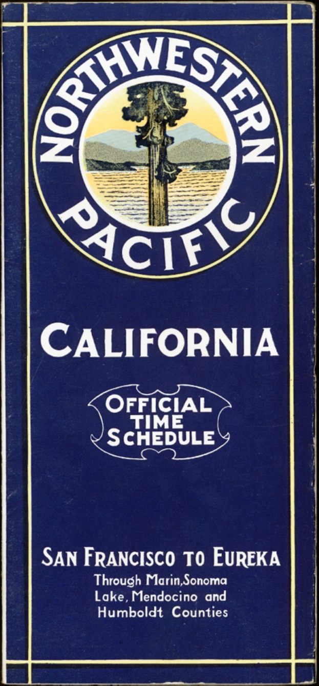 Plakat mit schwarzem Hintergrund, das "Northwestern Pacific California Official Time Schedule" anzeigt.