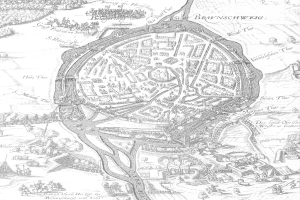 Eine detaillierte Schwarz-Weiß-Karte von Braunschweig, Deutschland, mit Straßen, Gebäuden und anderen Merkmalen, überlagert mit Text.