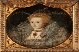 Porträt der Queen Elizabeth I. von England in einem weißen Kleid mit einer blauen Schärpe, die eine Krone trägt und ihre Hände vor der Brust verschränkt, gemalt im realistischen Stil mit leuchtenden Farben und detaillierten Elementen.