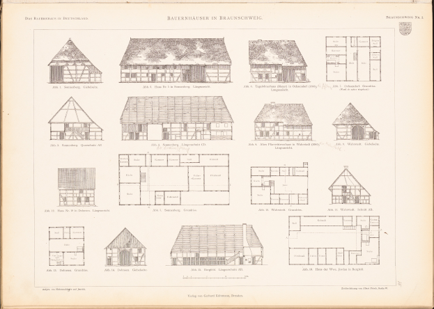 Ein aufgeschlagenes Buch mit detaillierten Plänen und Zeichnungen verschiedener einzigartig gestalteter Häuser, begleitet von beschreibendem Text.