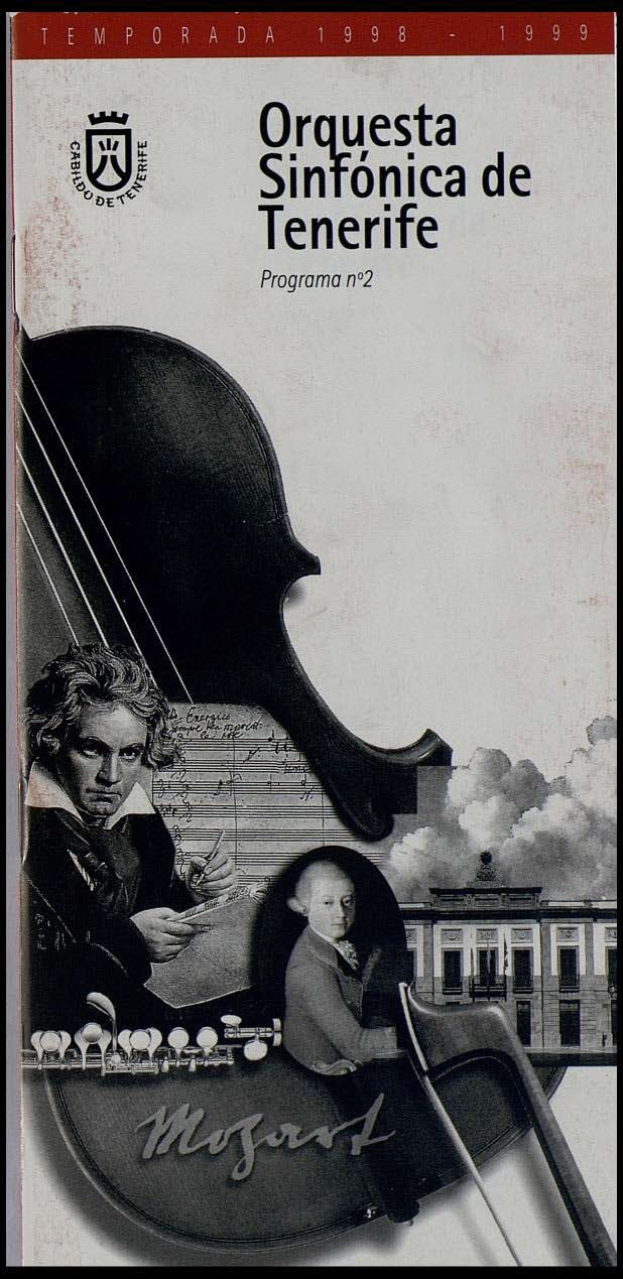 Plakat für Mozarts Sinfonie Nr. 2 D-Moll, Op. 63, mit zwei Geigern im Vordergrund und einem Gebäude im Hintergrund, mit der Aufschrift "Orquesta Sinfónica de Tenerife Programa Nº 2".