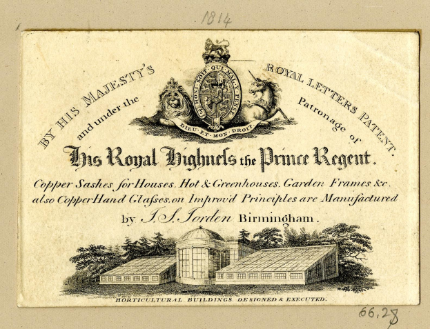 Alte Visitenkarte mit 'The Royal Highmills of the Prince Regent' mit einem Gebäude- und Baumbild und einem Logo.