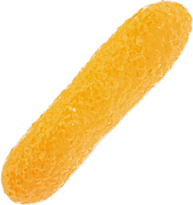 Ein oranges Gummibärchen mit einer hellen, leuchtenden Farbe und einer weichen, gelartigen Textur auf einem weißen Hintergrund.