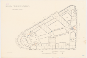 Ein detaillierter architektonischer Plan des Kaiser Friedrich Museums in Berlin, Deutschland, zeigt verschiedene Räume und Merkmale, die mit Text beschriftet sind.