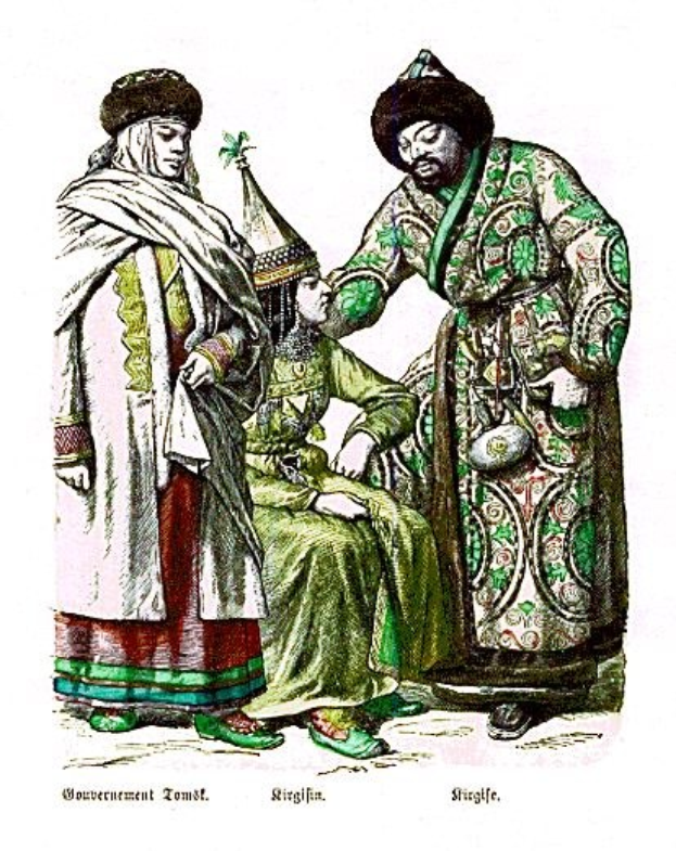 Gemälde eines Mannes in Turban und langem Gewand, der auf einem Stuhl sitzt und eine Frau in einem prächtig bestickten Kleid mit Kopfschmuck neben ihm steht, mit ernsten Gesichtern und der Aufschrift "Türkisch" unten.