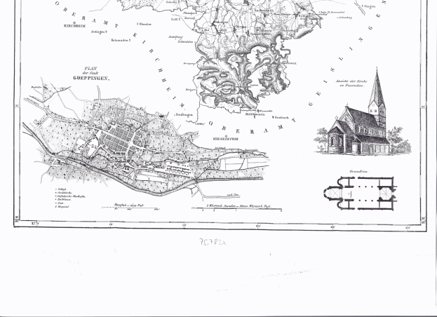 Eine schwarz-weiße alte Karte von Hamburg, Deutschland, mit einer zentralen Kirche und umgebendem Text.