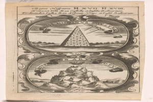 Eine Schwarz-Weiß-Zeichnung eines Pyramiden in einem Feld, umgeben von einem Rahmen, mit Text, der besagt, dass sie die Illuminati darstellt.