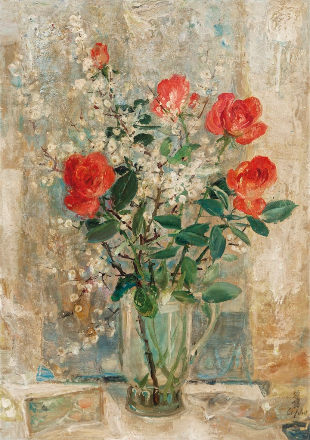 Ein Gemälde einer Vase mit Blumen