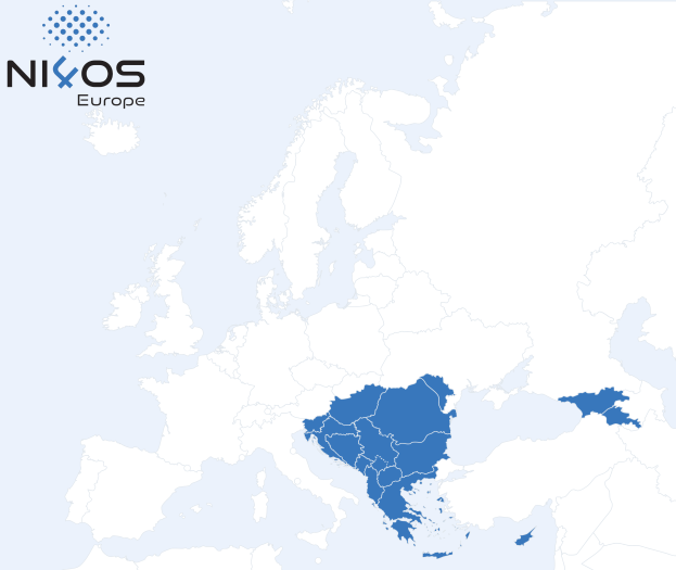 Eine Europakarte mit in Blau hervorgehobenen Provinzen und dem Text "Nixos Europe" in der linken oberen Ecke.