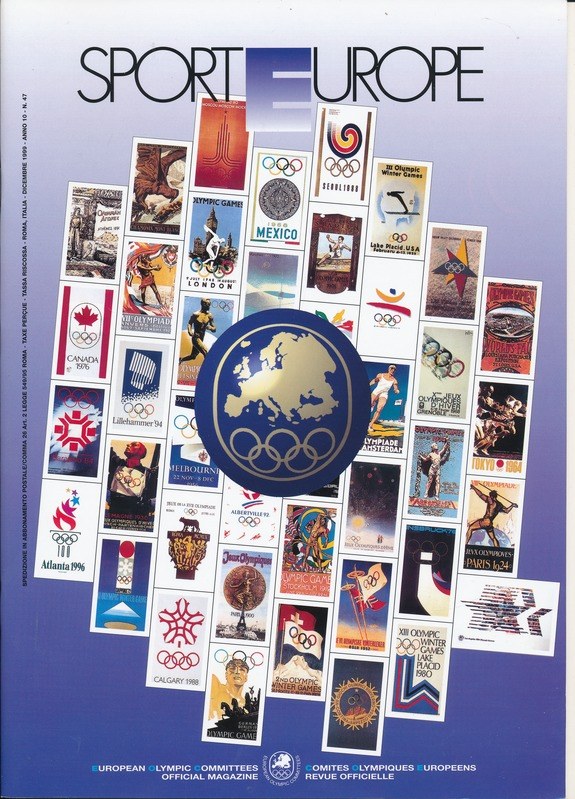 Ein Buchumschlag mit dem Titel "Sporting Europe", der farbenfrohe Bilder und Texte über die Olympischen Spiele in Europa zeigt, mit weißer, fetter Schrift und detaillierten olympischen Designs.