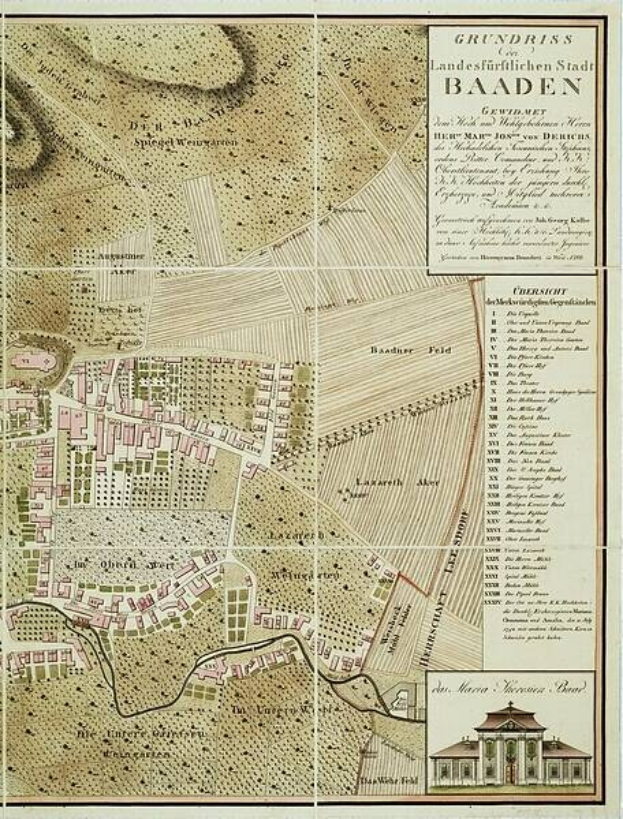 Alte detaillierte Karte von Baden-Württemberg, Deutschland, mit einem Gebäude in der rechten unteren Ecke, die Straßen, Gebäude und Sehenswürdigkeiten mit zusätzlichen Textinformationen zeigt.