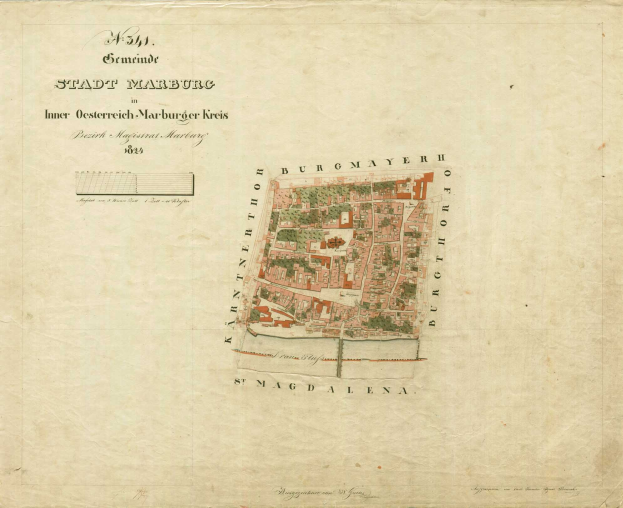 Detailierte alte Stadtplan von Marburg mit Straßen, Gebäuden, Sehenswürdigkeiten und Text mit zusätzlicher Stadtinformation.