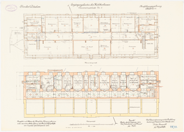 Ein detaillierter Grundrissplan des Stadtplatz-Gebäudes in Dresden, Deutschland, mit zahlreichen Zimmern, Anmerkungen und Text zur Beschreibung des Layouts.