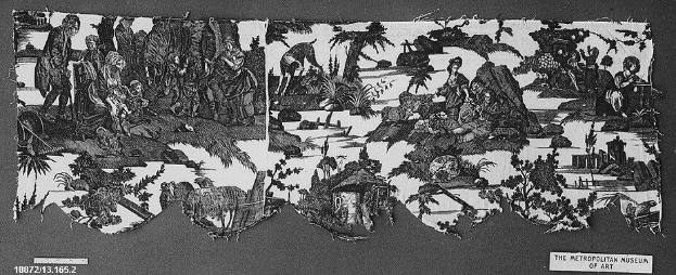 Schwarz-weiß-Zeichnung von Menschen im Wald mit Bäumen und Pflanzen, signiert "The Metropolitan Museum of Art" unten.