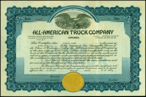 Ein Aktienzertifikat der All-American Truck Company mit schwarzem Rand, goldenem Siegel in der Mitte und bedrucktem Text mit Unternehmensdetails.