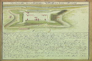 Eine alte Karte von Stuttgart, Deutschland, mit einer zentralen Illustration einer Burg, begleitet von Text, der die Größe, den Standort und andere Merkmale der Burg beschreibt.