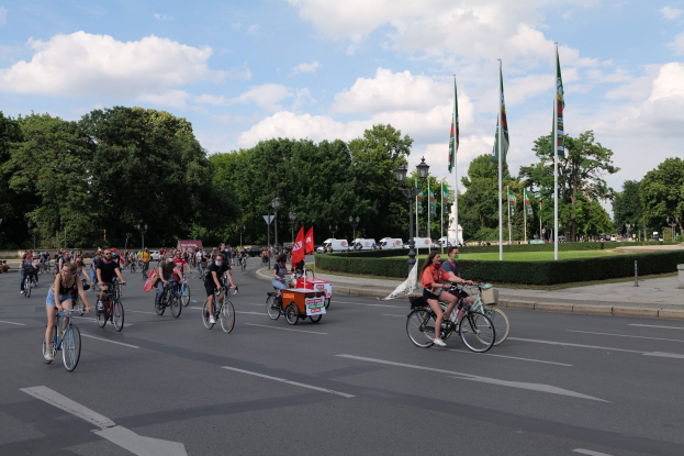 Menschen auf Fahrrädern auf einer von Bäumen gesäumten Straße während der Paris Bike Ride 2016, mit Laternen, Fahnen, bewölktem Himmel und Fahrzeugen im Hintergrund.