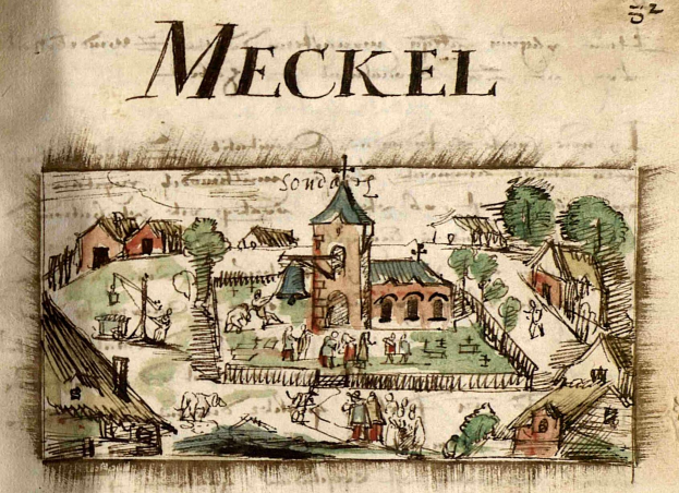 Ein altes Buch mit einer Zeichnung einer mittelalterlichen Stadt, das Häuser, Bäume und Menschen zeigt, mit beschreibendem Text auf der Seite.