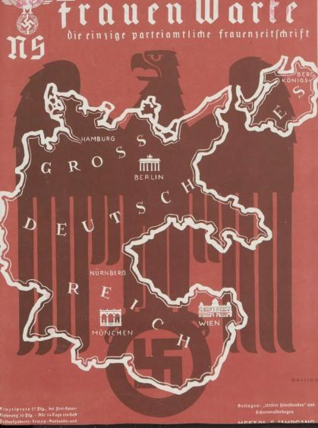 Ein Nazi-Propagandaplakat aus dem Zweiten Weltkrieg mit dem Titel 'Frauenwarte', das eine Karte von Deutschland und Text über die Länder und Ereignisse des Krieges zeigt.