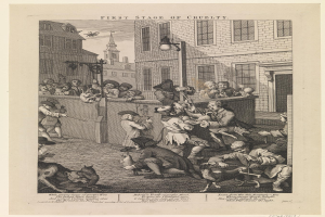 Eine Gruppe von Menschen und Tieren versammelt sich vor einem Gebaeude mit Fenstern, einem Lichtmast und einem Himmel im Hintergrund, mit Text unten, der "Erste Stufe der Grausamkeit" lautet.