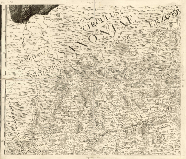 Ein detailliertes altes Kartenbild von Sachsen, Deutschland, das geografische Merkmale wie Flüsse, Berge und Städte zeigt, mit begleitendem Text, der regionale Informationen liefert.