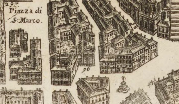 Ein detailliertes Stadtplan mit verschiedenen einzigartig entworfenen Gebäuden und begleitendem Text.