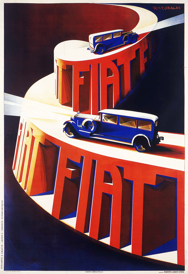 Plakat, das Fiat-Autos bewirbt, zeigt ein blaues Auto und ein rotes Auto mit dem Fiat-Logo und Text.