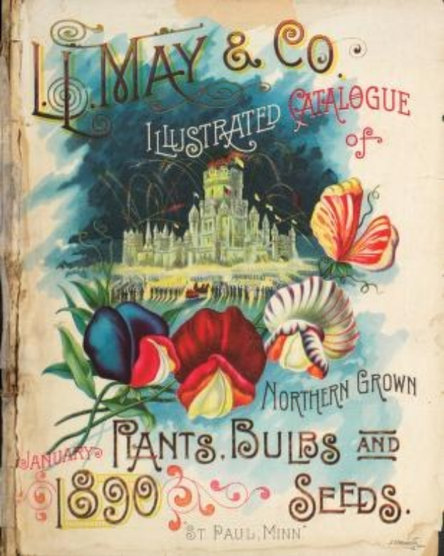 Altes Buch mit dem Titel "L. May & Co. Illustrierter Katalog nordischer Pflanzen, Zwiebeln und Sätze" mit einem Blumenbild mit Rosen, Gänseblümen, Lilien, Schmetterlingen und einem Schloss im Hintergrund.