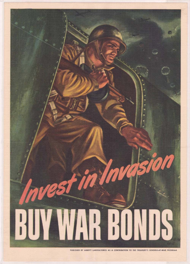 Plakat mit einem Soldaten in Helm und militärischer Uniform, der eine Waffe hält, und dem Text "Investieren Sie in die Invasion, kaufen Sie Kriegsanleihen" darüber, der eine entschlossene Miene zeigt.