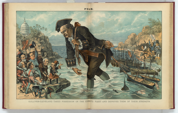 Ein aufgeschlagenes Buch, das eine Karikatur eines Mannes in Piratenkostüm zeigt, der im Wasser steht und von Menschen, Booten, Felsen, Bäumen, einem Gebäude und einer wolkigen Himmel umgeben ist.