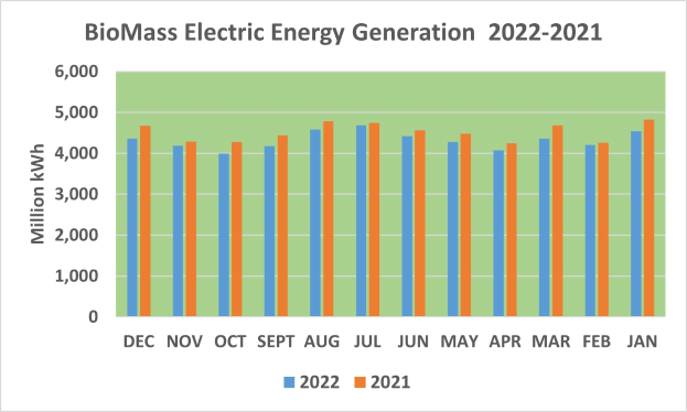 Eine Liniengrafik, die die Stromerzeugung aus Biomasse von 2021 bis 2022 zeigt, mit begleitendem Text, der zusätzliche Datendetails bereitstellt.