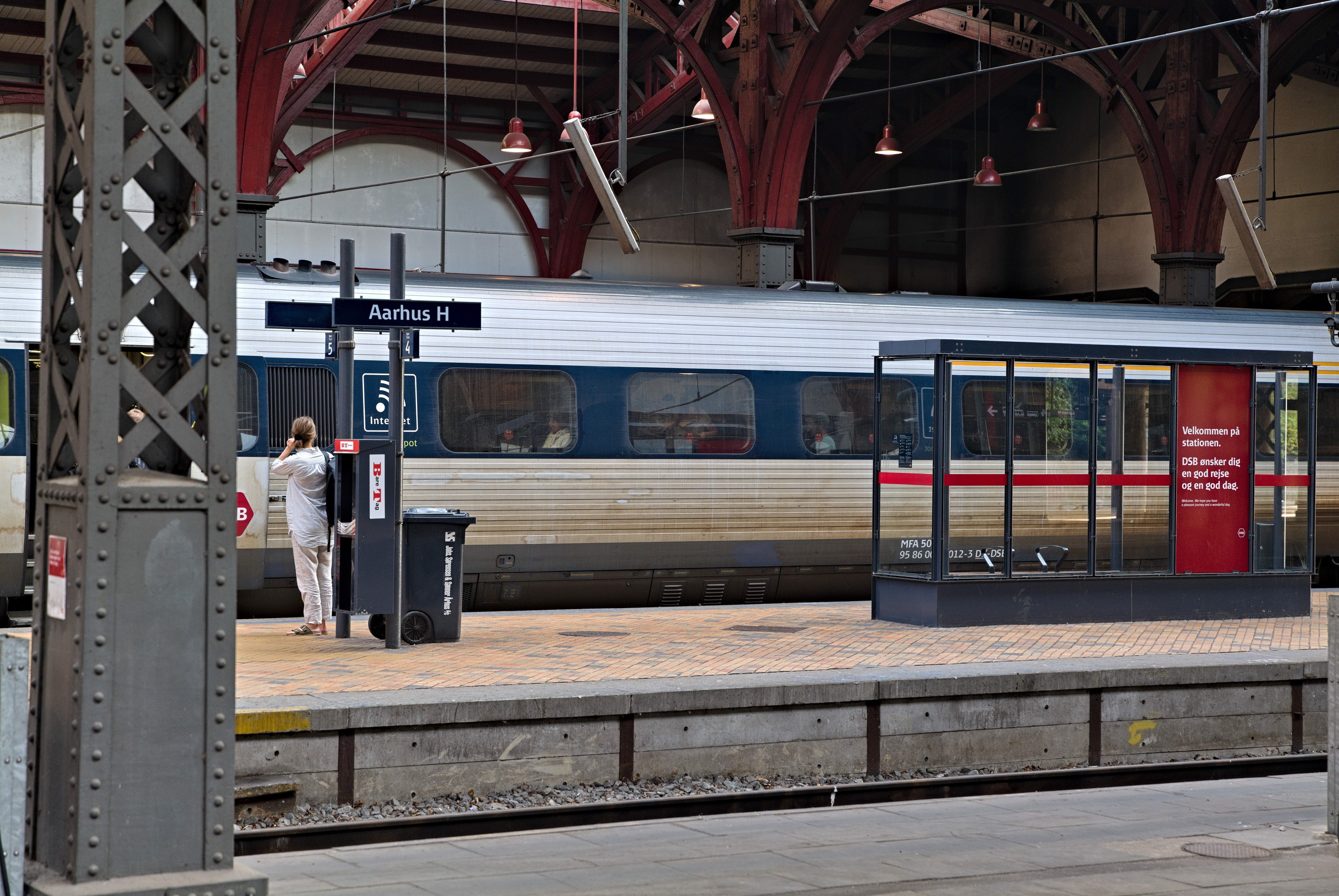 Ein Zug fährt auf einem Bahnsteig ein, neben dem eine Person steht, mit einem Müllcontainer, Pfosten, Informationsschildern und Deckenleuchten.