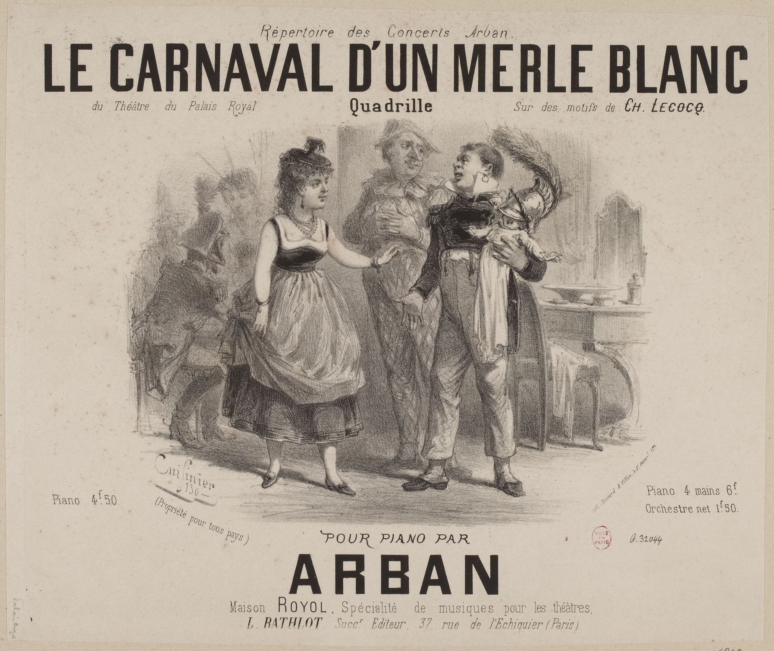 Eine Zeichnung auf Papier zeigt einen Mann und eine Frau in traditioneller Kleidung vor einer lebendigen Karnevals Szenerie, mit der Aufschrift "le carnaval d'un merle blanc" darüber.