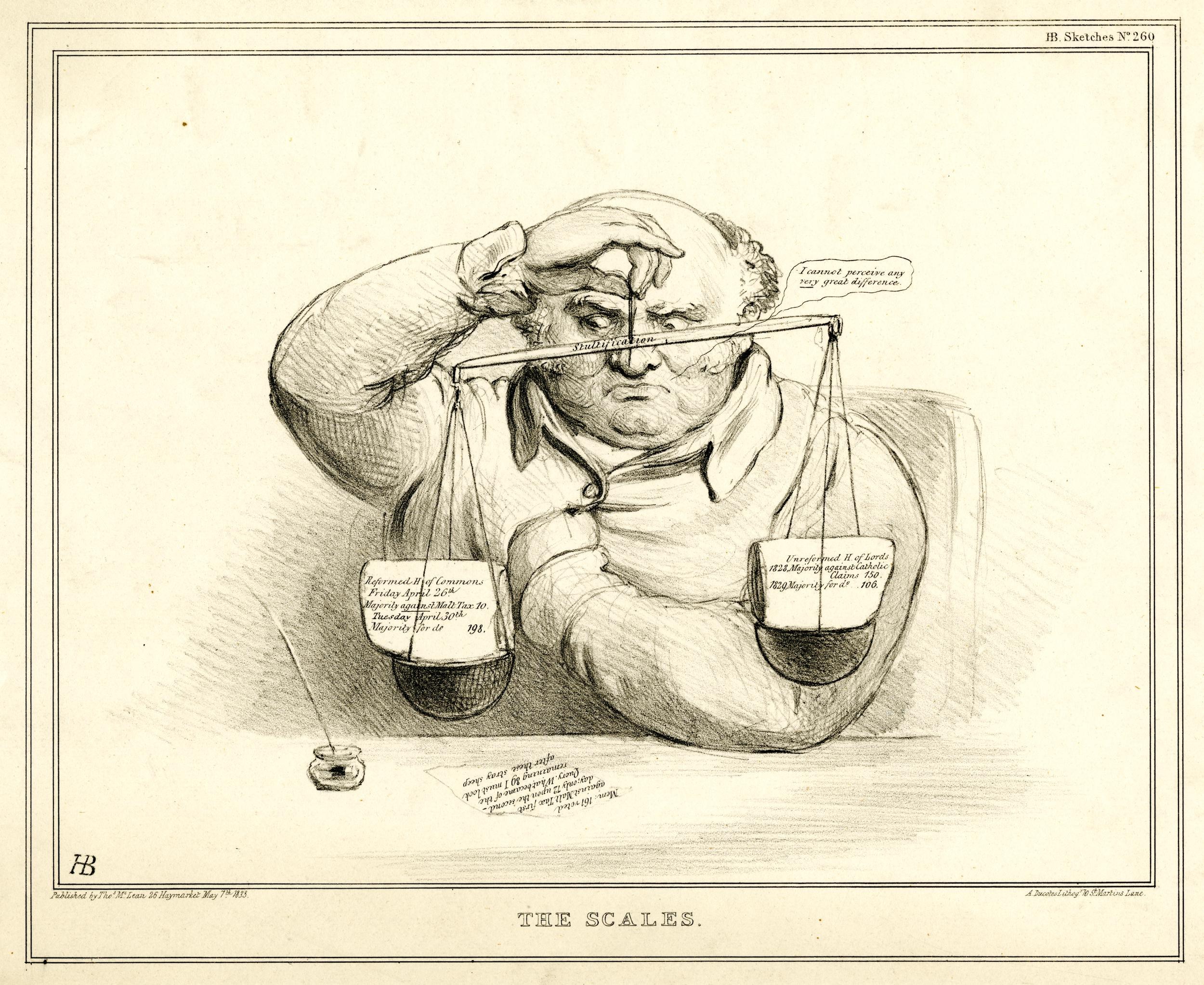 Ein Anwalt im Anzug sitzt an einem Tisch mit einer Waage vor ihm und durchsucht Dokumente, die mit Text und Zahlen markiert sind.