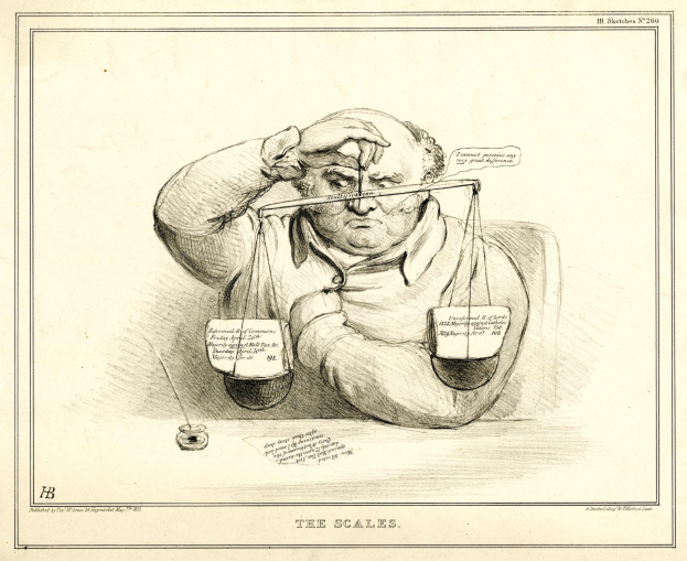 Ein Anwalt im Anzug sitzt an einem Tisch mit einer Waage vor ihm und durchsucht Dokumente, die mit Text und Zahlen markiert sind.