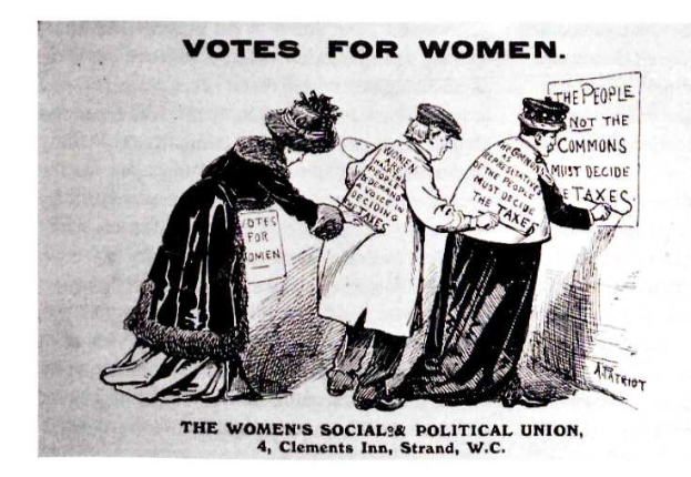 Drei Frauen in traditioneller Kleidung halten ein Papier mit der Aufschrift 'Wahlrecht für Frauen: Die Women's Social & Political Union' gegen einen hellblauen Himmel mit weißen Wolken, ihre entschlossenen Gesichter drücken ihre Verbundenheit mit der Sache aus.