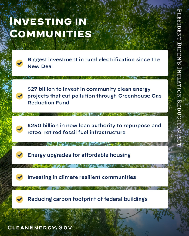 Plakat mit Bäumen und Himmel im Hintergrund, das den Text 'Investing in Communities: Größte Investition in ländliche Elektrizität seit dem New Deal' zeigt.