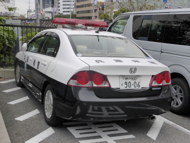 Ein Polizeiwagen auf einem eingezäunten Parkplatz neben einem weißen Van geparkt, mit Bäumen, Schildern, Straßenlaternen, Ampeln und Gebäuden im Hintergrund unter einem bewölkten Himmel.