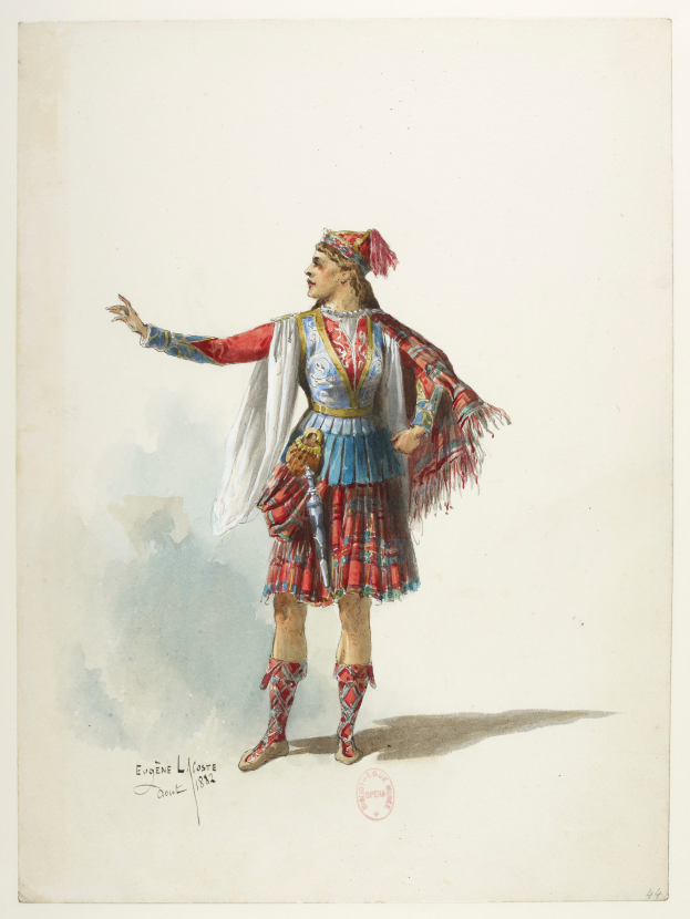 Ein Gemälde eines Mannes in einem leuchtenden, detaillierten Kostüm mit traditionellem Kilt, hohem Kragen, langen Ärmeln und vollem Rock auf einem Papier mit Text, der das Kostüm beschreibt.