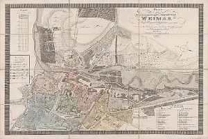 Ausführliche alte Karte von Weimar, Deutschland, die Straßen, Gebäude und Sehenswürdigkeiten zeigt, mit zusätzlichem Text über die Stadt.