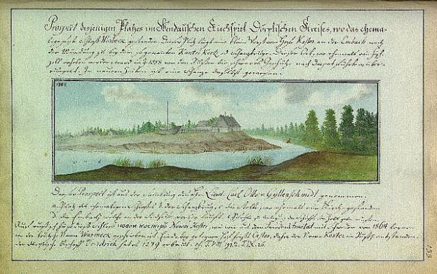 Ein altes Buch mit einer Zeichnung eines Flusses, eines Hauses, Bäume, Gras und ein bewölkter Himmel, betitelt "Deutsche Landschaften, Landschaft und Landschaft Deutschlands, 18. Jahrhundert".