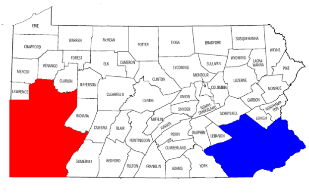 Eine Karte von Pennsylvania mit in Rot und Blau hervorgehobenen Countys, beschriftet mit "Pennsylvania Wahlresultate".