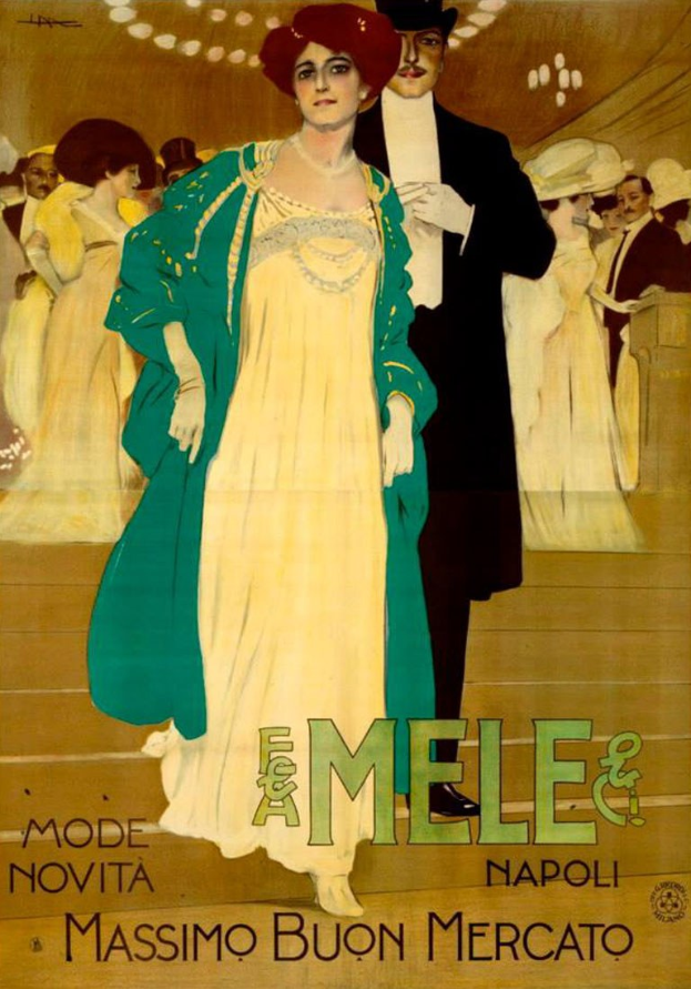 Plakat f%C3%BCr eine Modenschau mit einer Frau in einem wei%C3%9Fen Kleid und einem Mann in einem schwarzen Anzug, begleitet von Text.