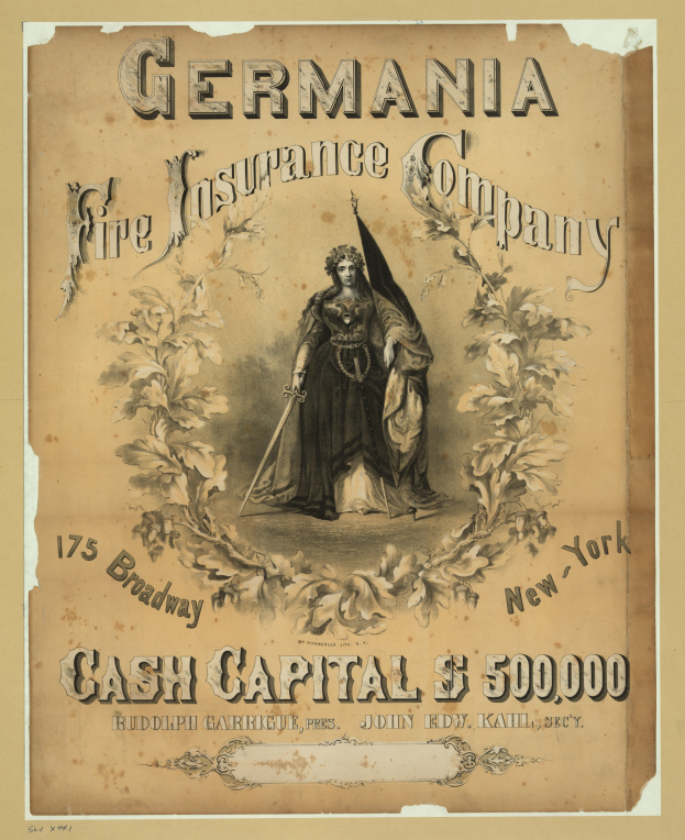 Eine Werbung aus vergangenen Zeiten für die Germania-Feuer-Versicherungsgesellschaft, die ein zentrales Bild einer Frau zeigt, mit Texten, die die Dienstleistungen der Gesellschaft beschreiben.