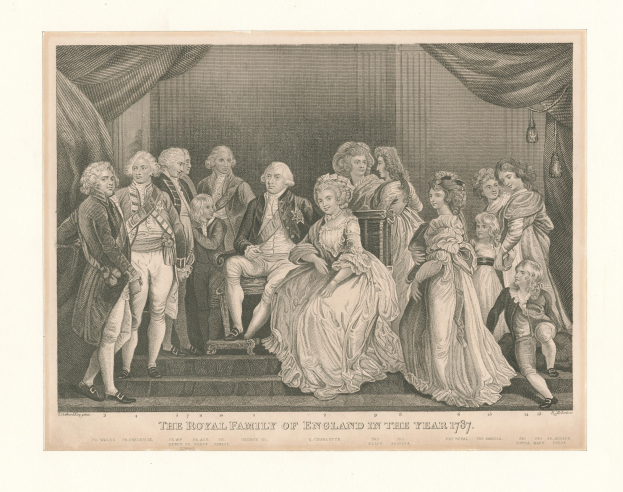 Eine Gruppe von Menschen, darunter die königliche Familie von England, die auf einer Treppe vor einer Vorhangwand im Jahr 1787 steht und sitzt, mit Text am unteren Rand.