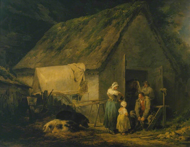 Ein Gemälde namens "Die Farmersfrau" von Joseph Mallord William Turner zeigt eine Familie vor einem Reetdachhaus mit einem Pferdewagen im Vordergrund, umgeben von üppiger Vegetation und einem bewölkten Himmel.